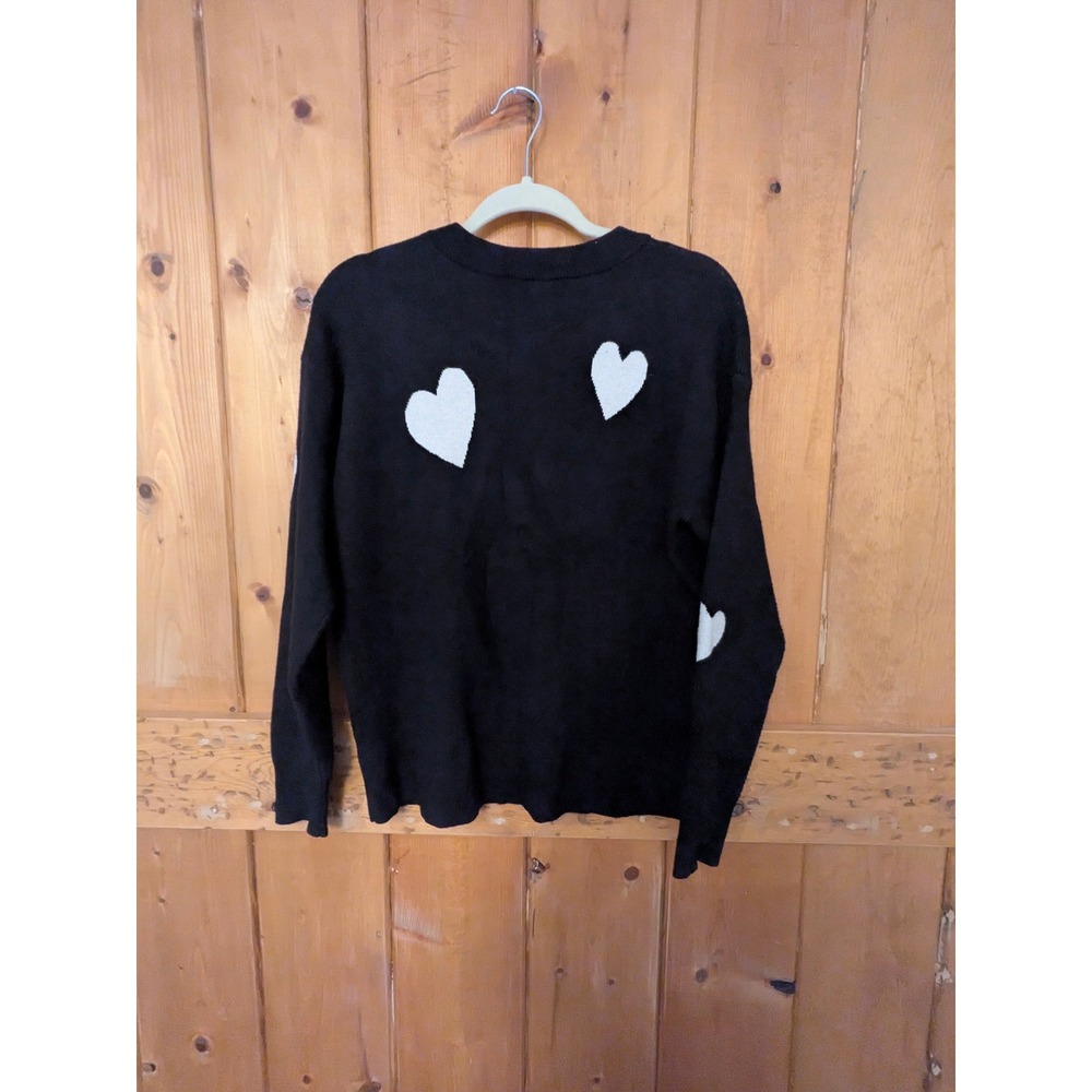 Black White Heart Intarsia Knit Crewneck Sweater Long Sleeve Pullover RN 75343 - Picture 3 of 6